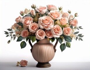 cutout of an isolated bouquet of artificial roses in a rustic vase for weddings and home deco with the white background background