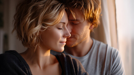Couple sharing a close moment by the window during the morning light in a cozy room together