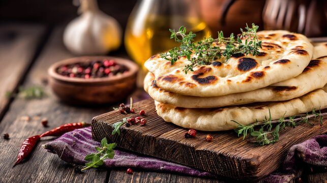 Freshly Baked Naan Bread with Herbs and Spices on a Rustic Wooden Board Surrounded by Cooking Ingredients in a Warm Kitchen Setting