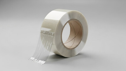 Roll of transparent adhesive tape on gray background, office supply, clear sticky tape