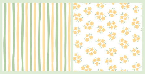 Calico floral seamless pattern with yellow flowers and leaves combined with striped seamless pattern for nursery textile prints, scrapbooking, stationery, wallpapers, backgrounds, etc. EPS 10
