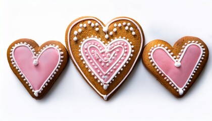 Obraz premium home made heart shape ginger breads decorated with pink and white sugar glazing isolated