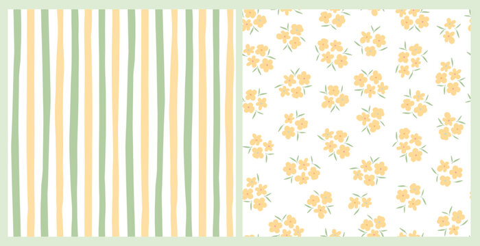 Calico floral seamless pattern with yellow flowers and leaves combined with striped seamless pattern for nursery textile prints, scrapbooking, stationery, wallpapers, backgrounds, etc. EPS 10