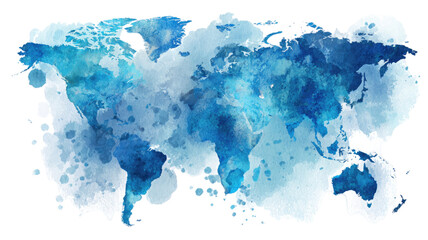 Blue watercolor world map abstract hand painted global continents artistic texture splash illustration cutout isolated on white background