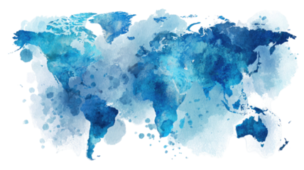 Blue watercolor world map abstract hand painted global continents artistic texture splash illustration cutout isolated on white background