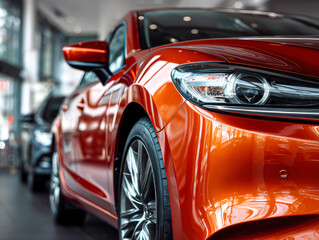 Shiny metallic orange modern car front view with sharp headlight design and polished surface inside a sleek indoor showroom environment
