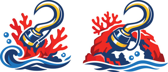 Pirate Hook Coral Icons. Two-Color vector icons of a pirate hook caught on a coral reef: curved hook, coral branch, ocean curl,