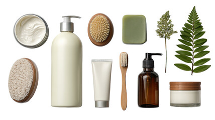 Natural skincare and personal care products set with bottles brushes soap and leaves flat lay isolated on white background