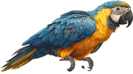 Blue and yellow macaw parrot bird realistic detailed feathers wildlife illustration isolated on white background