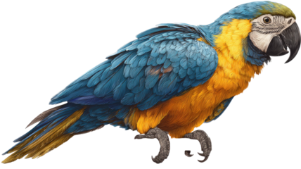 Blue and yellow macaw parrot bird realistic detailed feathers wildlife illustration isolated on white background