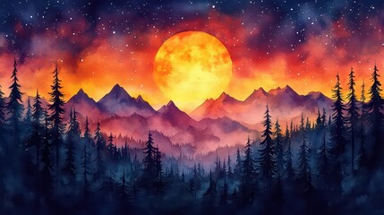 Watercolor illustration of a forest under the night sky. Hand-drawn watercolor drawing, background for creative design, banner, poster, postcard, print, etc.