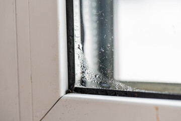 Condensation and moisture on a double glazed window during winter. Fogged glass and water droplets indicate poor insulation, cold weather humidity, and temperature difference inside the home.