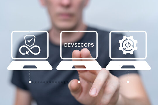 Man using virtual touch screen presses the text DEVSECOPS. Automated DevSecOps Workflow for Secure Software Deployment. Dev Sec Ops - Development Operations Security Methodology Concept.