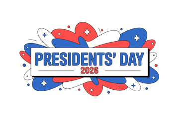 A colorful Presidents' Day 2024 graphic with patriotic red, white, and blue swirls and stars on a transparent background