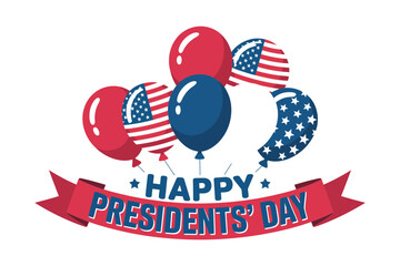 A colorful vector graphic illustration celebrating Presidents' Day with balloons and American flags