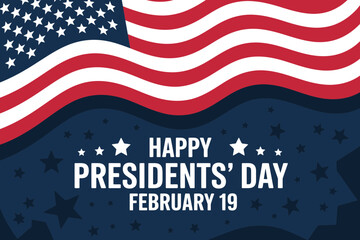 A vector graphic illustration of a Presidents' Day banner with an American flag and stars on a blue background