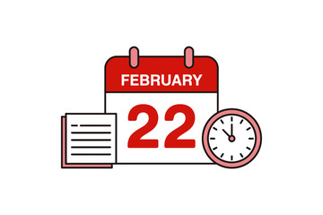 A minimalist vector graphic illustrating a calendar page for February 22nd with a clock and notes.