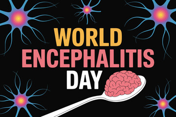 A vector graphic illustration for World Encephalitis Day awareness campaign with a brain on a spoon and virus cells in the background