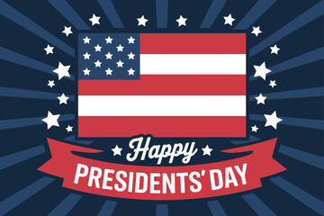 A vibrant vector graphic illustration celebrating Presidents' Day with an American flag and banner