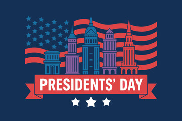 A vector graphic illustration of a Presidents' Day design featuring an American flag, buildings, and stars on a navy blue background