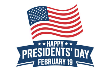 A vector graphic illustration of a waving American flag with a blue banner celebrating Presidents' Day on February 19.
