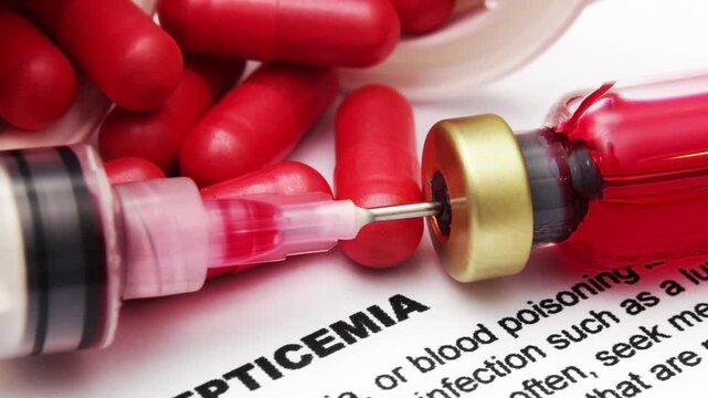 Medical Syringe Drawing Blood From Red Vial With Septicemia Warning On Paper