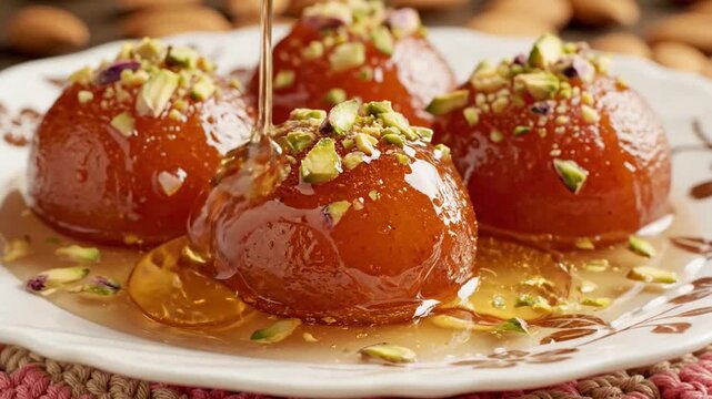 Gulab Jamun with Pistachios and Syrup, Indian sweet dessert concept