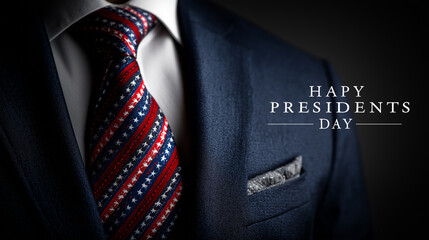 A sophisticated close-up of a navy suit and a patriotic striped tie, celebrating Presidents Day with a stylish touch.