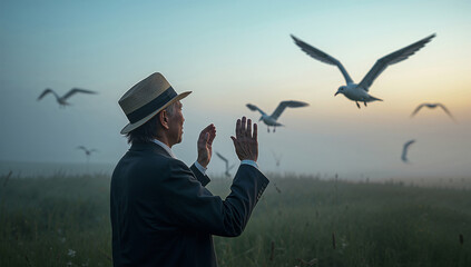 夜明けの浜に日本人の高齢男性がカモメへ継承の祈りを送る