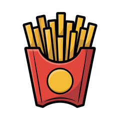 Cartoon French Fries in Red Box with Yellow Circle, Tasty Food Illustration
