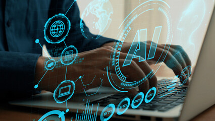 This image captures a modern workspace scene featuring hands typing on a laptop, showcasing digital graphics and concepts of artificial intelligence, innovation, and data visualization. Cipher