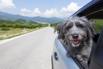 Dog enjoying a ride in a car on an open road