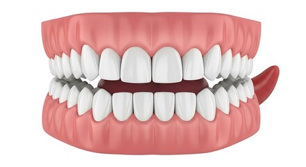 Obraz premium Anatomical, front-facing view of a complete set of upper and lower teeth with gum detail