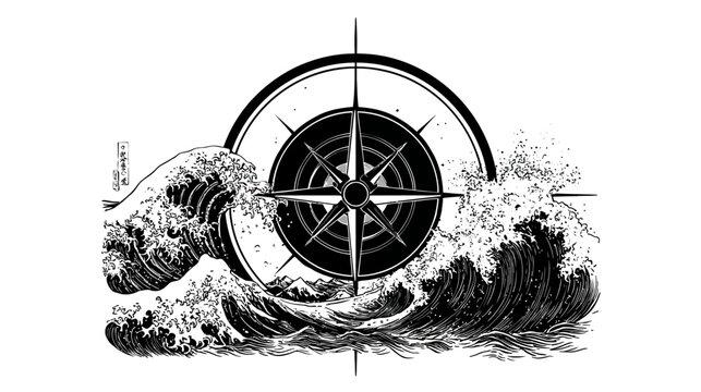 Black and white illustration of a nautical compass within a cresting wave graphic