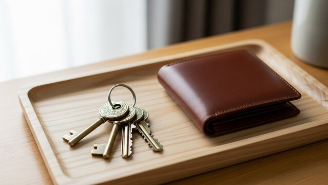 Brown leather wallet and metal keys on wooden tray, morning light, organized desk accessories