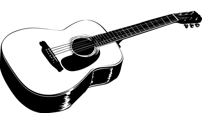 A black and white illustration of an acoustic string instrument, tilted towards the viewer