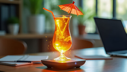 Glowing orange cocktail hologram with a red umbrella shining on a wooden desk in a bright office, travel agency decoration, futuristic summer bar, or digital nomad workplace lifestyle promotion