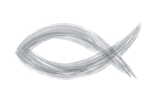 Ichthys fish symbol featuring a hand-drawn, watercolor-style gray brushstroke texture. Signifying christian faith, belief, and religion