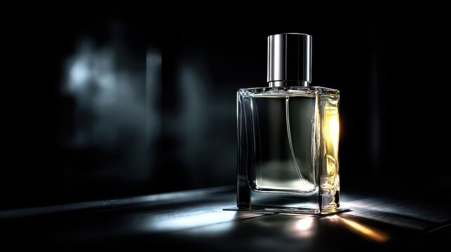 Elegant luxury perfume bottle mockup with glass reflections on dark moody background