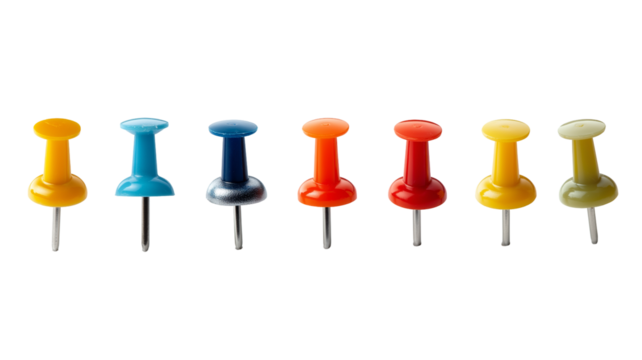 Bright colorful pushpins and thumbtacks in a row, isolated on white, png - Powered by Adobe