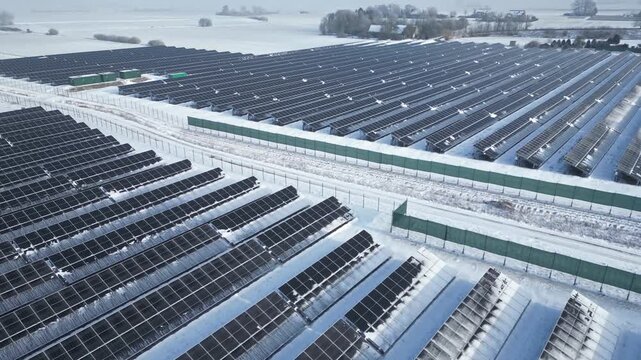 Aerial view of expansive solar panel farm covered in snow, showcasing rows of solar panels and green fencing in a winter landscape with distant trees