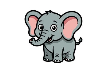 Fototapeta premium A cute cartoon elephant with big ears and a happy face stands alone on a white background.