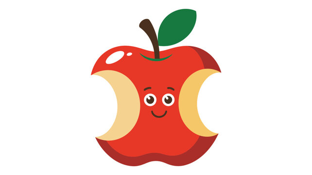 A cheerful cartoon apple with a smile and bite taken out, set against a clean white background.