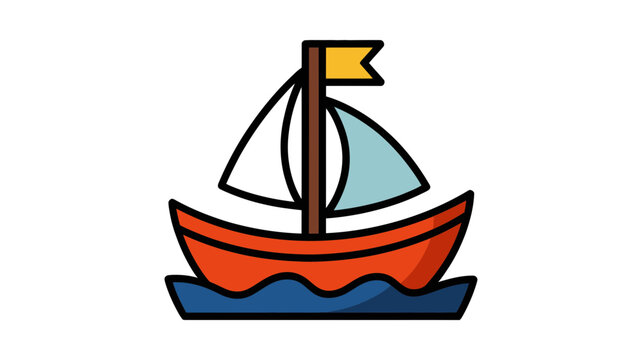 A colorful cartoon sailboat with a red hull and yellow flag sailing on blue waves