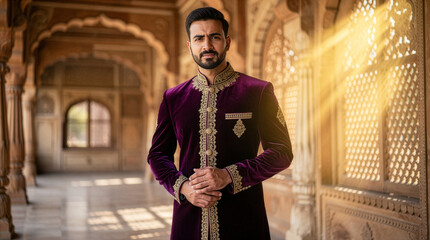 Man wearing a traditional deep purple or plum velvet sherwanis, standing in an ancient ornate Indian palace