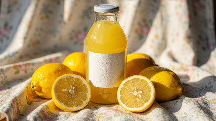 A vibrant bottle of lemon juice surrounded by whole and halved lemons, resting on a floral fabric under sunlight, creating a fresh and summery ambiance