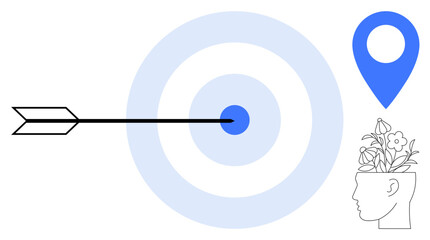 Arrow striking bullseye, location pin, and floral brain sketch emphasize focus, goal achievement, creativity, and growth. Ideal for success, strategy, focus direction innovation learning