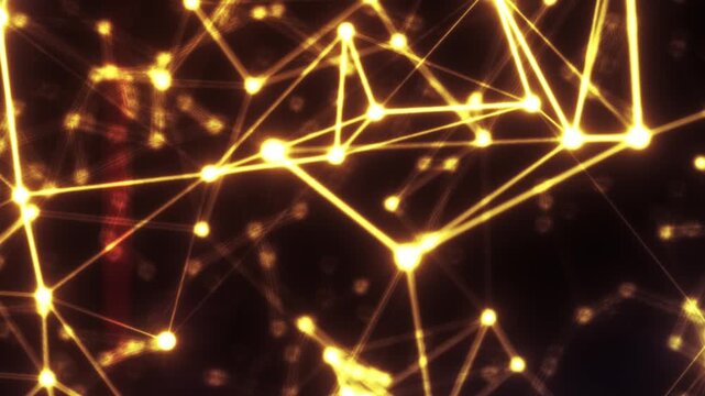 Abstract golden network of glowing nodes and connecting lines on a dark background