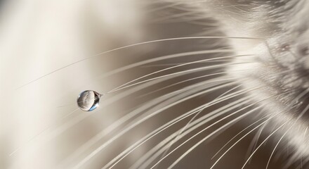 Naklejka premium Macro of Water Droplet on Cat Whiskers. A single, clear water drop hanging from a white cat's whisker, shot against a bright, high-key background