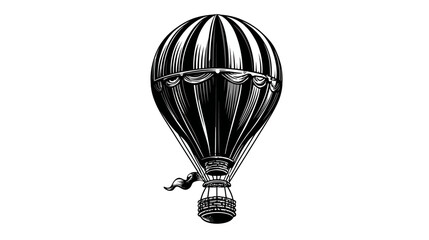 Obraz premium Black and white illustration of a hot air balloon with striped body, detailed basket, and flag